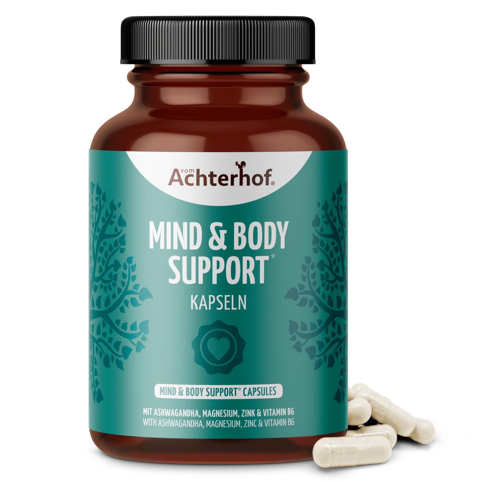 Mind & Body Support 120 Kapseln | enthält Magnesium, Zink und Vitamin B6 | zusätzlich angereichert mit einem hochwertigen Ashwagandhawurzel-Extrakt |100% vegan | vom Achterhof