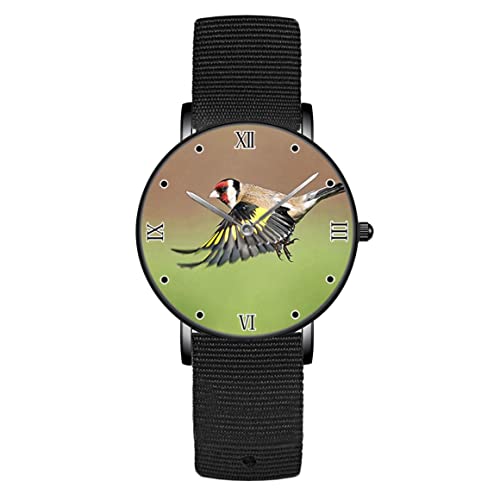 Goldfinch im Flug Ornithologie Vogel Spaß Uhren für Männer Frauen Ultradünnes Kleid Passende Armbanduhren für Geschenke Uhren mit schwarzem Nylon-Mesh-Armbanduhr, Schwarz