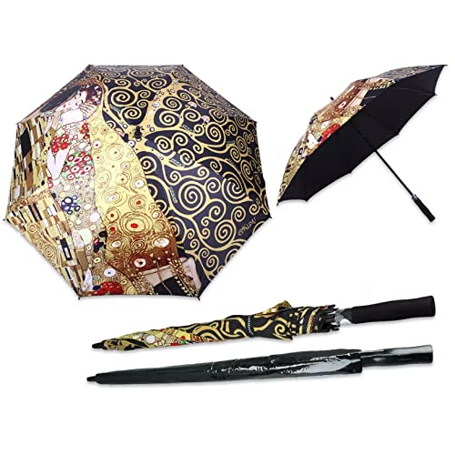 CARMANI - Regenschirm Stick Regenschirm Manuell Öffnungsschließender langer Griff gerader Stab Regenschirm bedruckt mit Gustav Klimt, Der Kuss und Baum des Lebens
