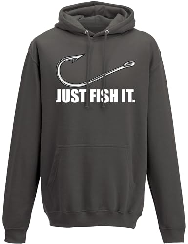 Baddery Hoodie: Just Fish It - Geschenk für Angler - Anglerbekleidung Herren - Angelkleidung Männer - Petri Heil - Angel - Anglerin - Fishing - Fisch - Grau - Army - Spruch - Motiv - Lustig (3XL)