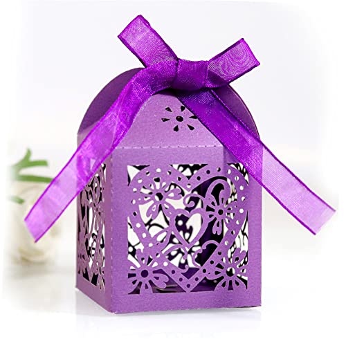 Geschenkbox, Verpackung Box, Hochzeit Souvenir-Boxen, Papierbox für Süßigkeiten, hohle Liebe Geschenk Box für Braut, Babyparty, Weihnachtsfeier, 50PCS (Color : Purple)