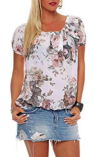 Malito Damen Blusenshirt mit Blumen Print | Oberteil mit Schleife | Hemdbluse - Tunika - modern 3443 (weiß)
