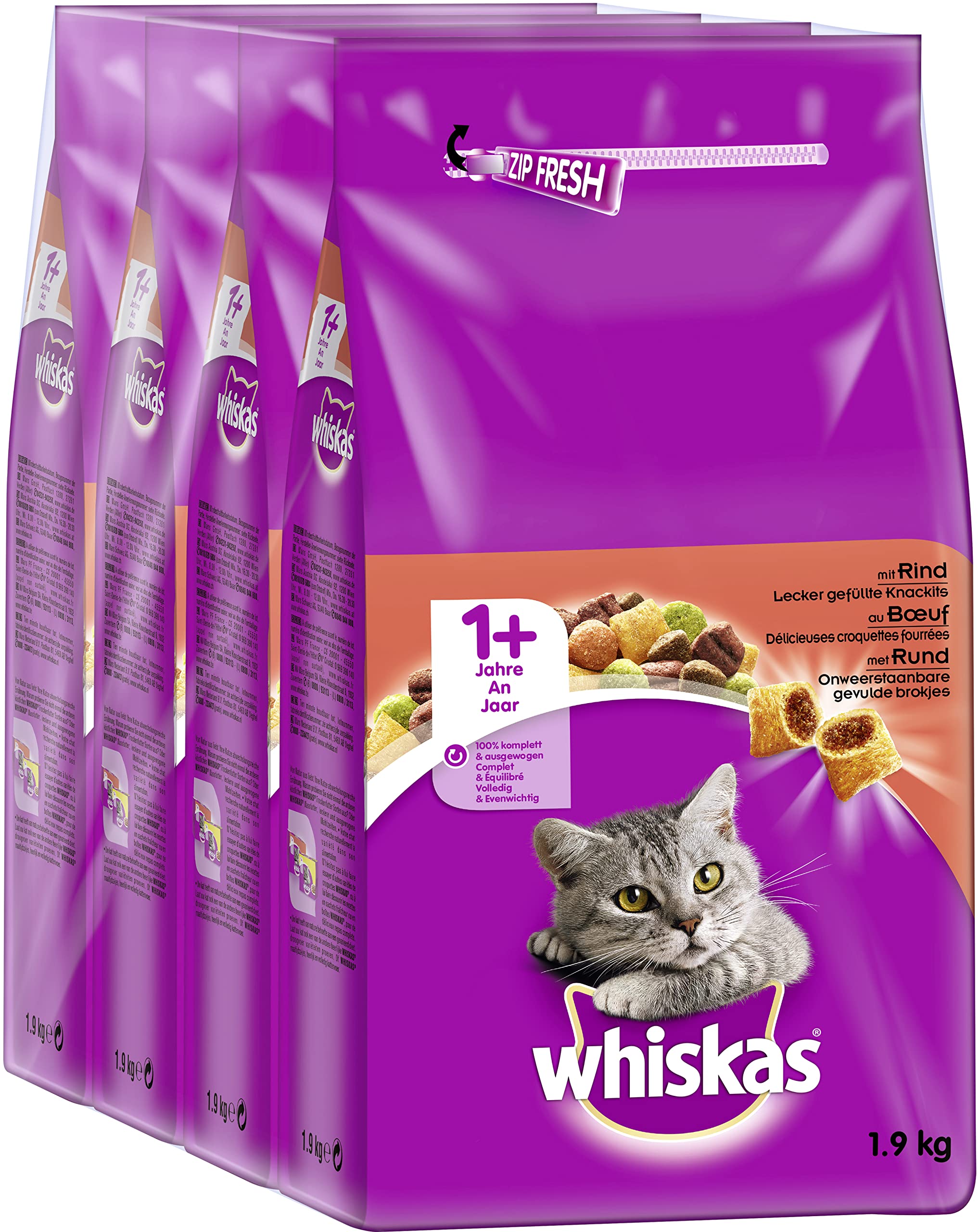 Whiskas Katzenfutter Trockenfutter Adult 1+ mit Rind, 6 Beutel (6 x 1,9kg)