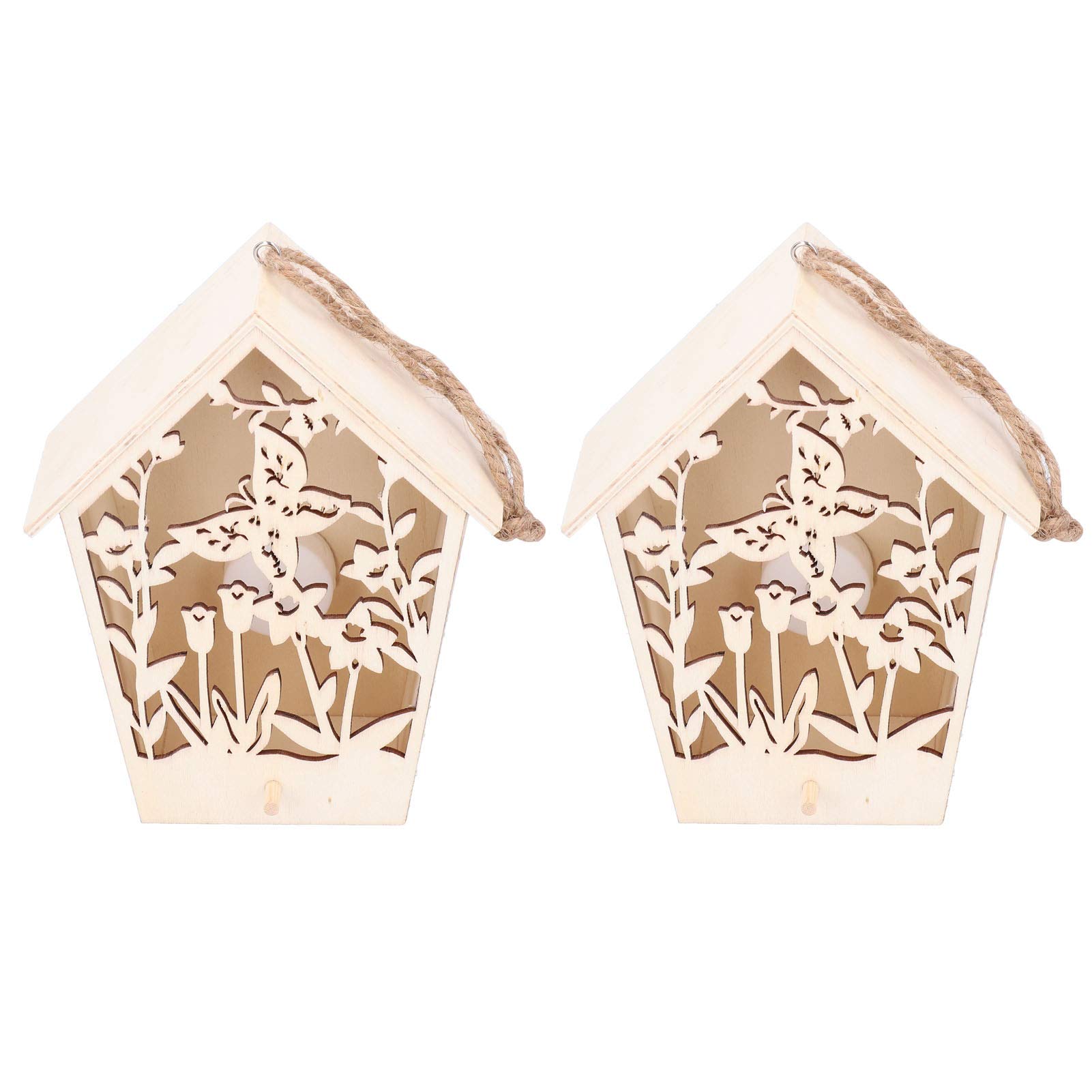 Vogelhaus aus Holz, 2 Stück, Vogelhaus aus Holz, für drinnen und draußen, Dekoration, Garten, Vogelhaus mit warmem Licht, Holzornamente