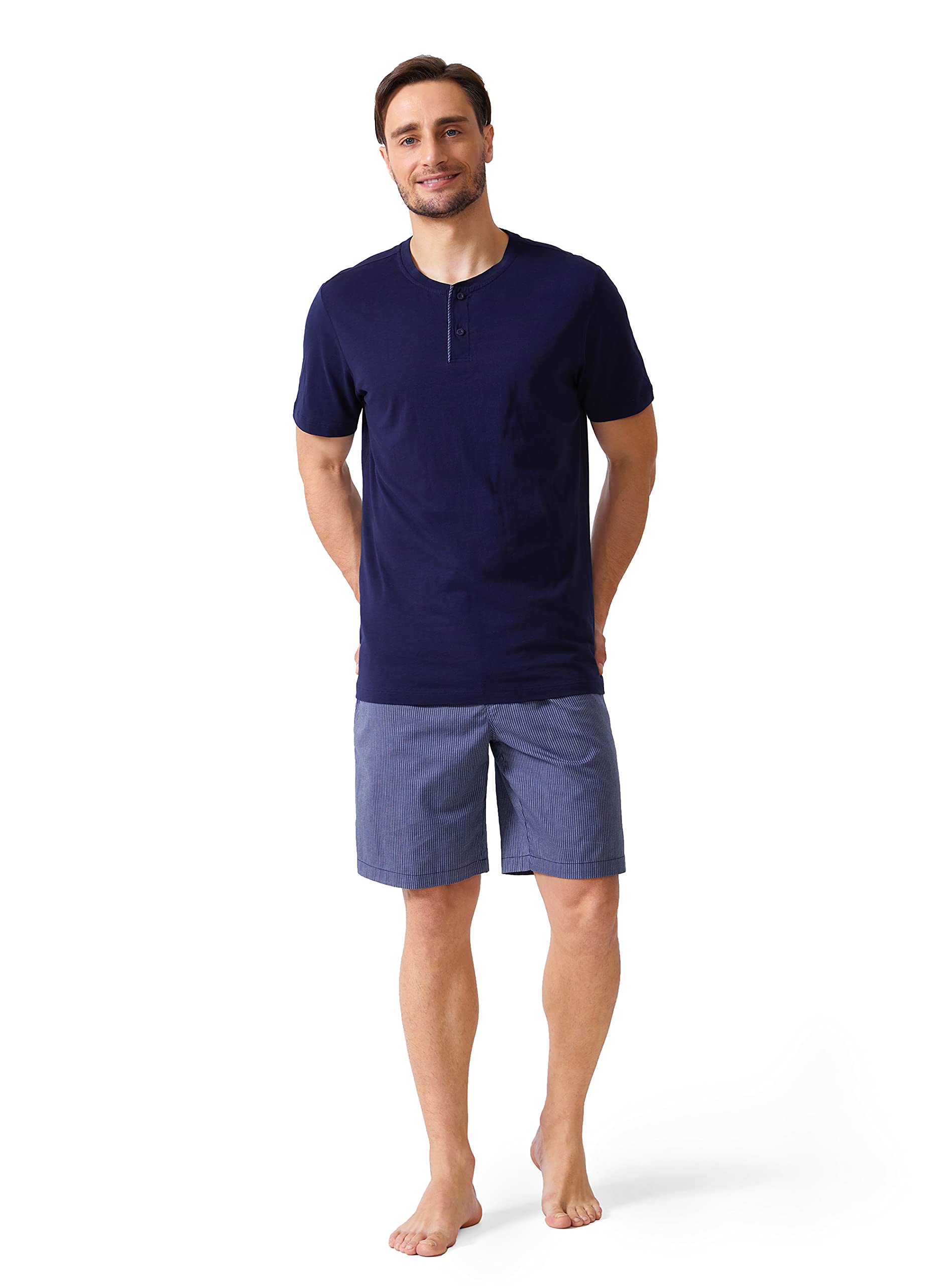 DAVID ARCHY Herren 100% Baumwolle Schlafanzug Zweiteiliger Nachtwäsche Kurzarm Shirt und Hose mit Knopfleiste Taschen und Band Streifen Kariert