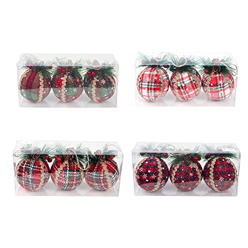 QLINDGK 12 Stück Weihnachtskugel-Ornamente – 7,9 cm schwarz & rot Büffel Plaid Stoff Ball Ornamente mit Tannenzapfen und Grünen, karierte Weihnachtsbaumkugeln zum Aufhängen, festliche Dekorationen