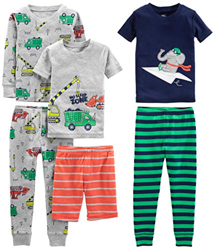 Simple Joys by Carter's 6-piece Snug Fit Cotton Pajama Set Pyjamaset Transportation/Elephant/Stripes 4 Years , 1 er-Pack