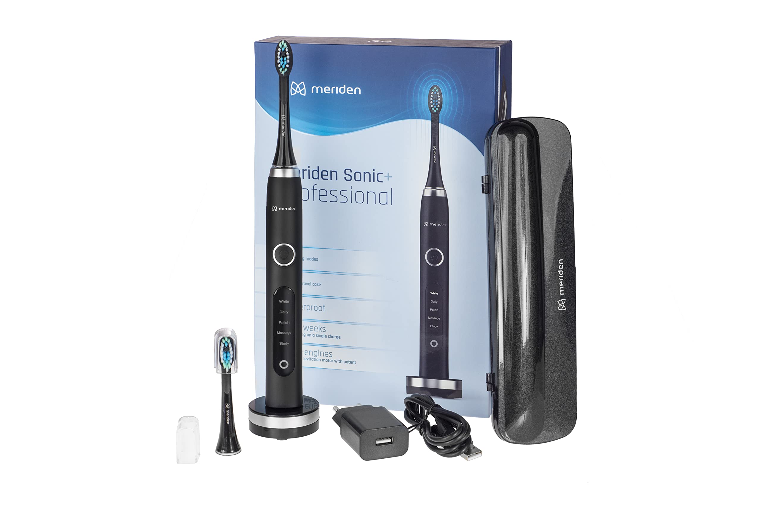 Meriden Elektrische Schallzahnbürste Sonic+ Professional Ultraschall-Zahnbürste mit 2 Zahnbürstenköpfen Reise-Etui 5 Modi Induktionsladestation schwarz
