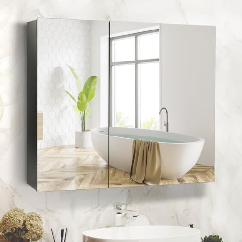 Movo Verspiegelter Medizinschrank, rahmenloser schwarzer Medizinschrank für Badezimmer mit Spiegel, Oberflächenmontage, Badezimmer-Spiegelschrank mit Stauraum, 80 x 71 cm