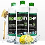 BIOHY Sanitärreiniger (3x1l Flasche) + Dosierer | Kalkzersetzendes Konzentrat für den Sanitärbereich | Badreiniger mit angenehme & frischen Duft | EXTRA STARK