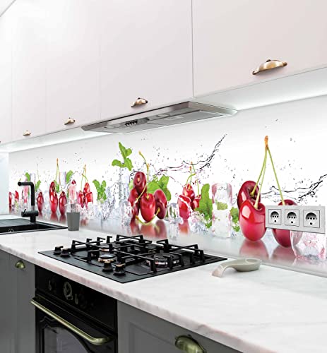 MyMaxxi - Selbstklebende Küchenrückwand Folie ohne Bohren - Motiv Cherry Rot Weiß 60cm hoch- Klebefolie Wandtattoo Wandbild Küche - Wand-Deko - Kirschen Eiswürfel Minze Wasser, 180 x 60cm