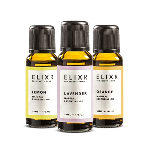 ELIXR – Ätherisches Öl Set mit Zitronenöl, Orangenöl & Lavendelöl – 100% naturreines Duftöl aus schonend gepressten Früchten & Lavendelblüten – zertifizierte Naturkosmetik aus Deutschland (90 ml)