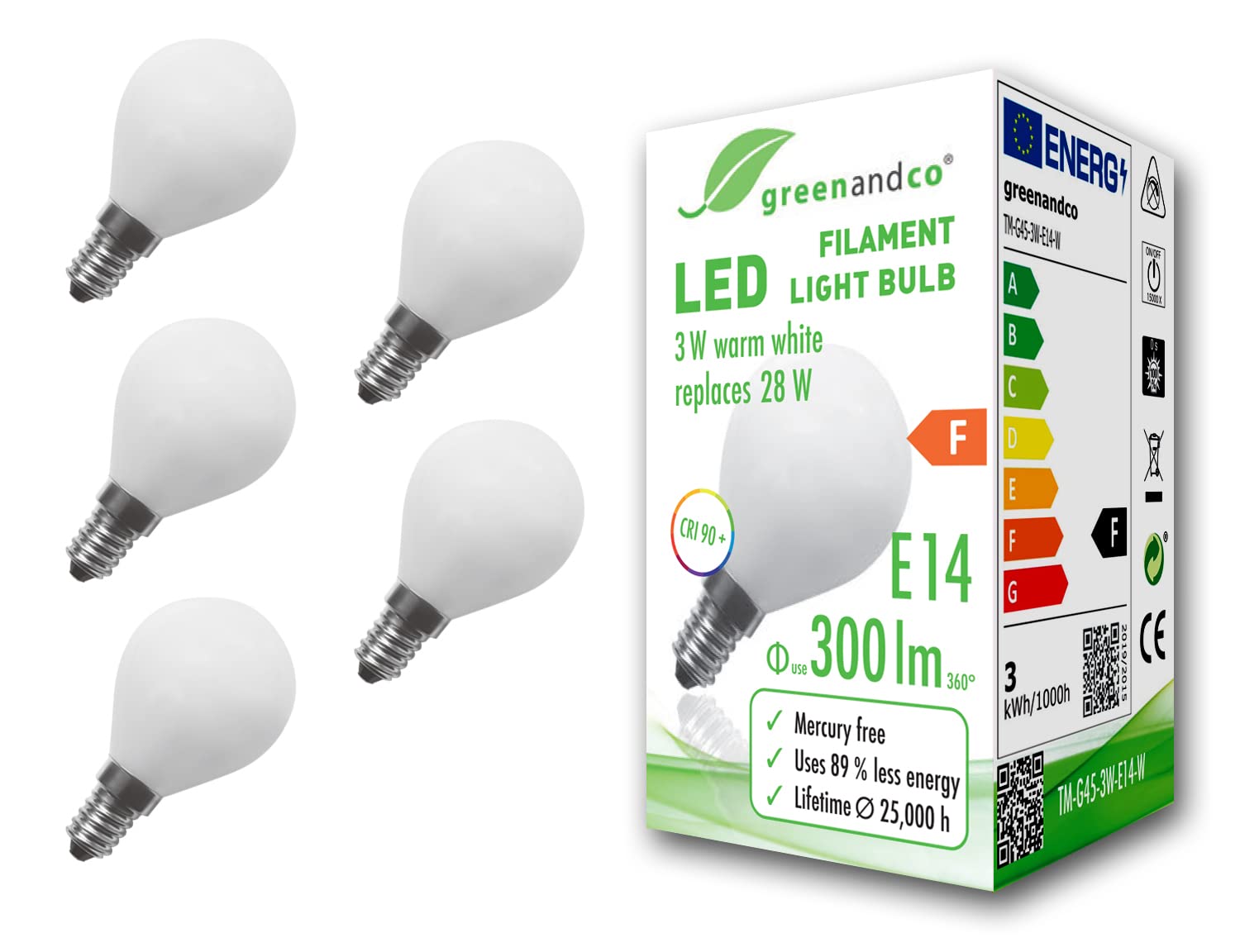 greenandco 5x CRI 90+ Glühfaden LED Lampe ersetzt 28 Watt E14 G45 Globe matt, 3W 300 Lumen 2700K warmweiß 360° 230V AC, nicht dimmbar, flimmerfrei, 2 Jahre Garantie