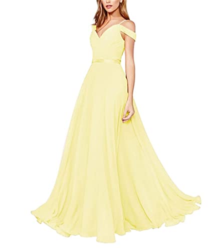 Schulterfreies Chiffon-Brautjungfernkleid, lang, A-Linie, gerüscht, formelles Kleid für Damen, gelb, 48
