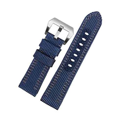 WIKUNA Leinwand-Armband für Panerai PAM00984 985 441 Serie Nylon Canvas Lederarmband 24 mm 26 mm Armband (Farbe: Blaugraue Linie, Größe: 24 mm silberne Schnalle)