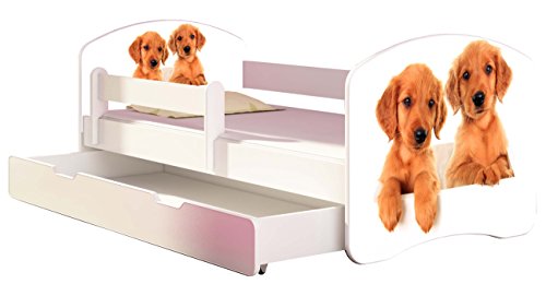 Kinderbett Jugendbett mit einer Schublade und Matratze Weiß ACMA II 140 160 180 40 Design (160x80 cm + Bettkasten, 39 Welpen)