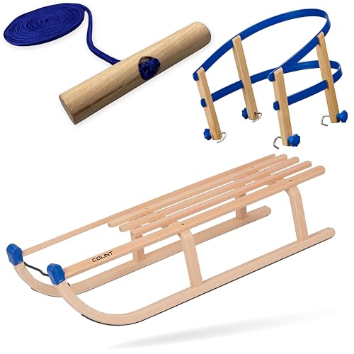 Explorer Colint Holz Schlitten mit Rückenlehne für Kinder und Erwachsene Set Davos mit Leine und Kunststoff/Holz Lehne in Blau 100cm