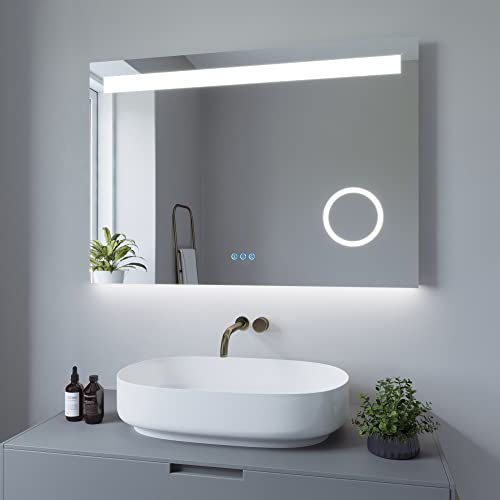 Badspiegel mit Beleuchtung und Bluetooth Lautsprecher 100x70 cm LED Wandspiegel Badezimmerspiegel Kaltweiß 6400K Kosmetikspiegel Schminkspiegel Touch Schalter Dimmbar für Wandschalter Antibeschlag
