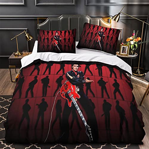 Elvis Presley Bettbezug-Set, 3D-Rock'n' Roll, bedruckter Bettbezug mit Reißverschluss, Singer-Bettwäsche-Set mit Kissenbezügen für Kinder und Erwachsene, weiche Mikrofaser, Einzelbett (135 x 200 cm)