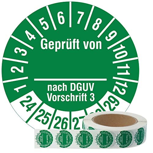 Labelident Mehrjahresprüfplaketten 2024-2029 - Geprüft DGUV V 3 - Ø 30 mm, 1000 widerstandsfähige Prüfplaketten auf Rolle, Polyethylen, grün, selbstklebend