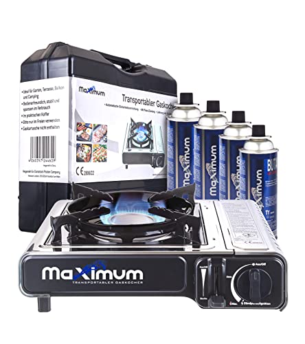 MaXimum Premium Edelstahl Gaskocher oder als Set Set 4 - bis 28 Gaskartuschen (Gaskocher + 4 Kartuschen)