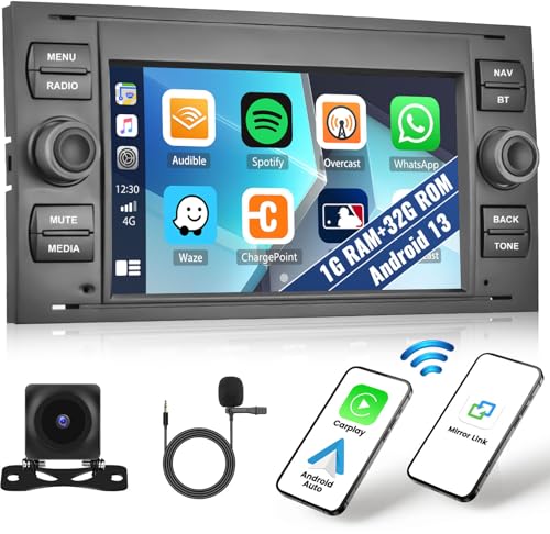 1+32G Android 13 Autoradio für Ford Focus C-max/S-max Galaxy Fusion Transit Connect mit Wireless Apple CarPlay Android Auto, 7" Bildschirm mit Bluetooth GPS FM RDS WiFi HiFi SWC EQ + Rückfahrkamera