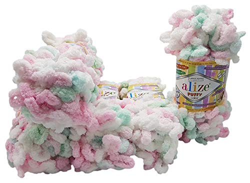 5 x 100 Gramm Strickwolle Alize Puffy Color, 500 Gramm Fingerstrick - Wolle mehrfarbig super bulky, Schlaufenwolle, Stricken ohne Nadel (rosa mint weiss 6052)
