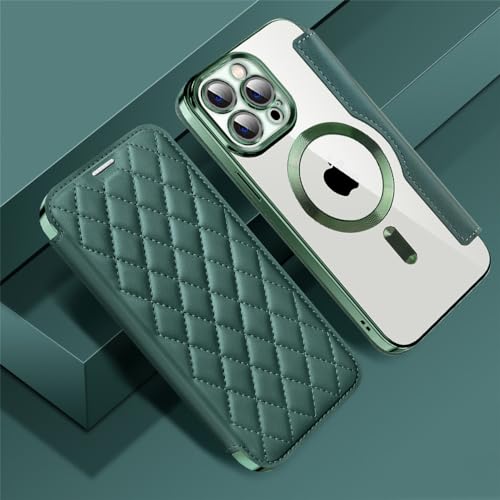 MVVKKY Magnetische Flip-Handyhülle für iPhone 15 14 11 12 13 Pro Max Plus mit Linsenschutz, Mesh-Lederbezug, grün, für iPhone 15 Plus