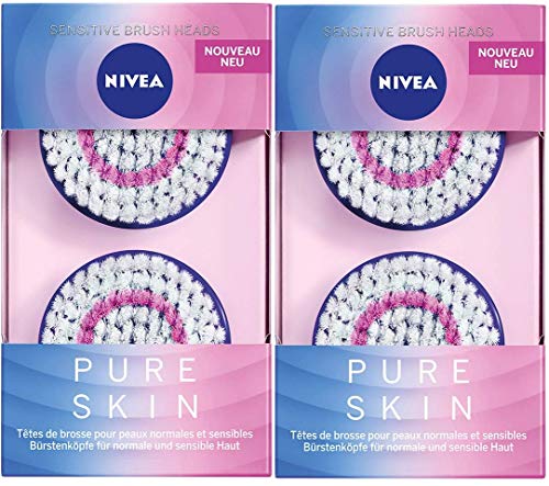 NIVEA Pure Skin Sensitive Bürstenkopf, Aufsatz für die elektrische Gesichtsreinigungsbürste, Gesichtsreinigung für normale und sensible Haut, 2er Pack (1 x 2 Bürstenköpfe)
