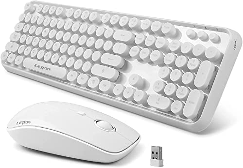 Kabellose Tastatur-Maus-Kombination, Letton 2.4 GHz, weiße Schreibmaschine, Tastatur, kabellos, mit 108 niedlichen Retro-Rundtasten, volle Größe, PC, Laptop