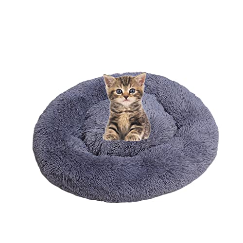 SEDOXX Donut Haustierbett Plüsch-Katzenbett für Indoor-Katzen für kleine, mittelgroße Haustiere, weiches, beruhigendes Schlafbett, flauschiges Hundebett, waschbar, selbstwärmendes Kätzchen, hält warm, 60 cm, Dunkelgrau