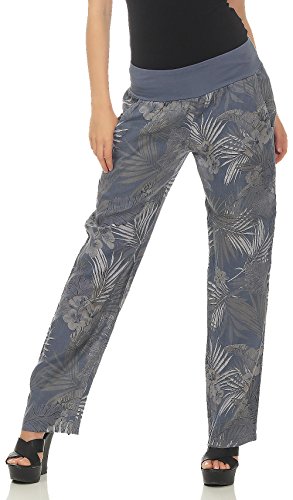 Malito Damen Hose aus Leinen | Stoffhose mit Jungle Print | Freizeithose für den Strand | Chino - Jogginghose 7790 (Jeansblau, XL)
