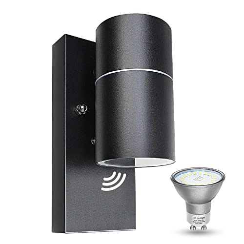 LED Außen Wandlampe GU10 IP44 Wasserdicht Wandleuchte mit Dämmerungsschalter Modern Schwarz Außenlampe inkl.5W GU10 Warmweiß Glühbirne,1 Stück
