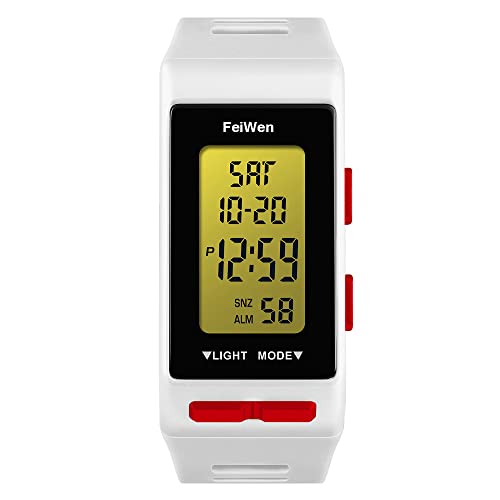 FeiWen Unisex Digital Uhren Outdoor Sport Multifunktional Rechteck Plastik Herren und Damen Armbanduhren mit Kautschuk Band LED Doppelte Zeit Alarm Countdown, Weiß