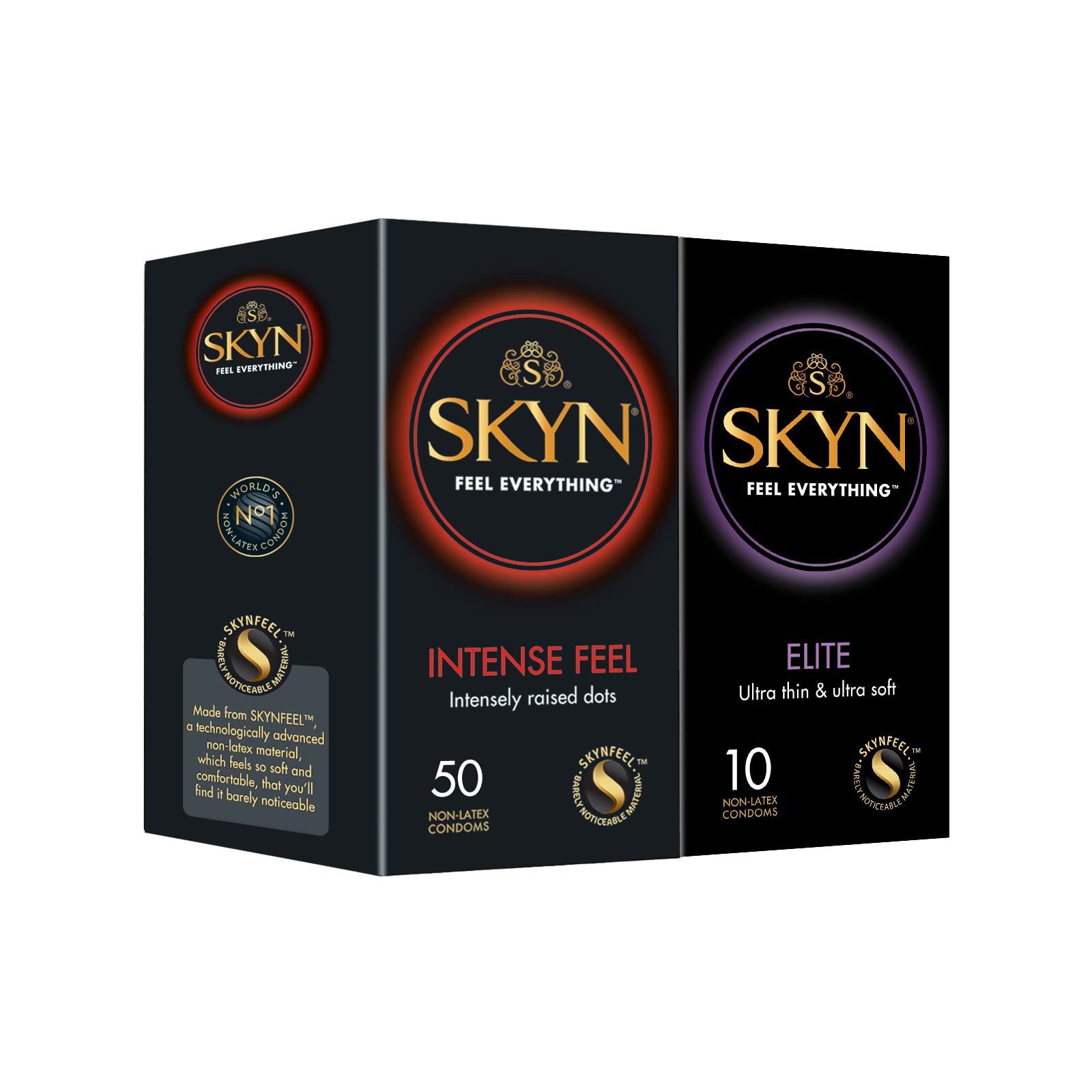 SKYN Intense Feel Kondome (50 Stück) & Elite Kondome (10 Stück) Skynfeel Latexfreie Kondome, Starken Noppen, verwendbar mit unsere Lubes