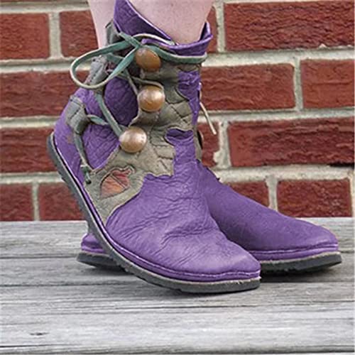 Mooke Stiefeletten Für Damen, Mittelalterliche Lederschuhe Kreuzriemen Stiefeletten Viktorianische Renaissance Stiefel Schuhe Cosplay,Lila,42