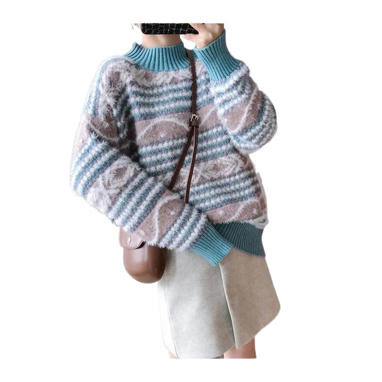 Damen-Pullover mit langen Ärmeln, lockerer Rollkragen, warm, bequem, Freizeit, Stricken, all-Match, täglich, koreanischer Stil, lässiger Strick-Pullover (Farbe: B, Größe: S)