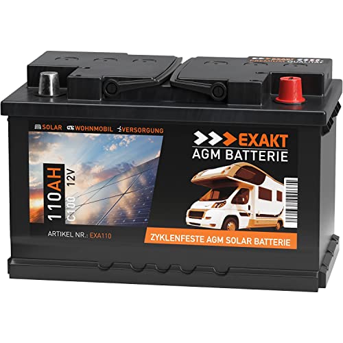 EXAKT AGM Solar Batterie Photovoltaik Wohnmobil Boot Camping Versorgungsbatterie (110Ah 12V)