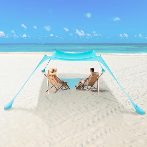 deli Strandzelt, Sonnenschutz, 2,1 x 2,1 m, mit LSF 50+ Schutz, Pop-Up-Strandüberdachung, Sonnenschutz mit 4 aufziehbaren Stangen und 2-in-1-Matte für Familie, Outdoor, Camping