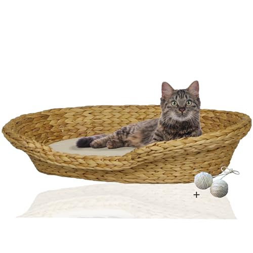 Rohrschneider® Komfortables Katzenkörbchen mit Katzenkissen| Katzennest Korb Wasserhyazinthe | Katzenkörbchen geflochten zum Schlafen | Umweltfreundliches Katzenbett mit Kissen | 2 Größen (2)