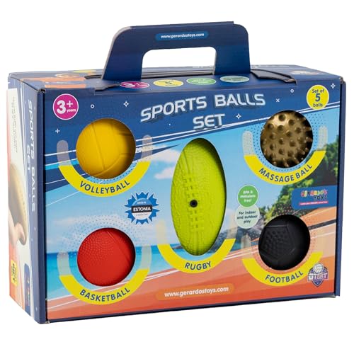 GERARDO'S Toys Kleiner Ball Set mit 5 verschiedenen Sport bälle - Massageball, Mini Basketball, Mini Fussball, Rugby Ball und Volleyball Ball. BPA- und Phthalatfrei Mini Spielball Set.