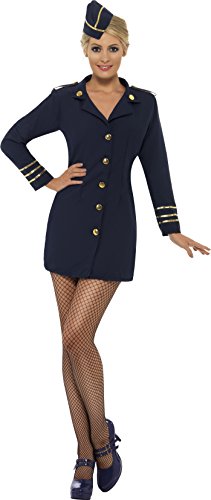 Smiffy's 28879L Flugbegleiterin Kostüm mit Kleid und Mütze, Marineblau, 44-46