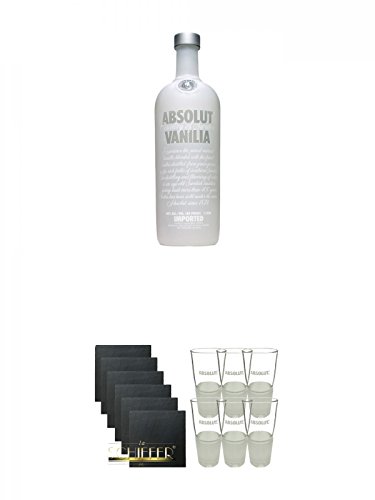 Absolut Vodka Vanilla 1,0 Liter + Schiefer Glasuntersetzer eckig 6 x ca. 9,5 cm Durchmesser + Absolut Gläser 6er Karton