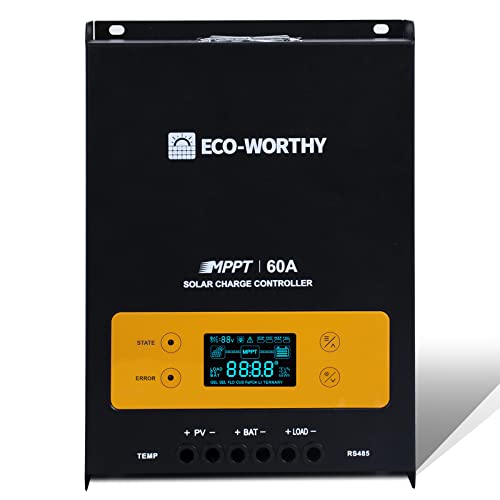 ECO-WORTHY 60A MPPT Solarladeregler 12/24/36/48V DC Eingang & Digital OLCD Display & Temp Sensor & Mount Ground, 99% Ladeeffizienz Solarregler für Lithium / GEL / Flooded Batterie, USB-RJ45