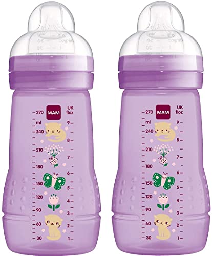 MAM Easy Active Babyflasche mit MAM Teats mit mittlerem Durchfluss, Doppelpackung Babyflaschen, Babynahrung, 270 ml, Lila (Designs können variieren)