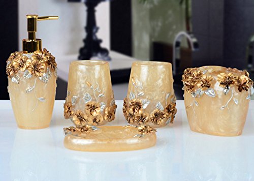 Yiyida Badezimmergarnitur Country Style, mit 3D-Blumen, Kunstharz, 5 x Bad-Accessoires, Set mit Seifenspender/Zahnbürstenhalter/Zahnputzbecher/Seifenschale gold