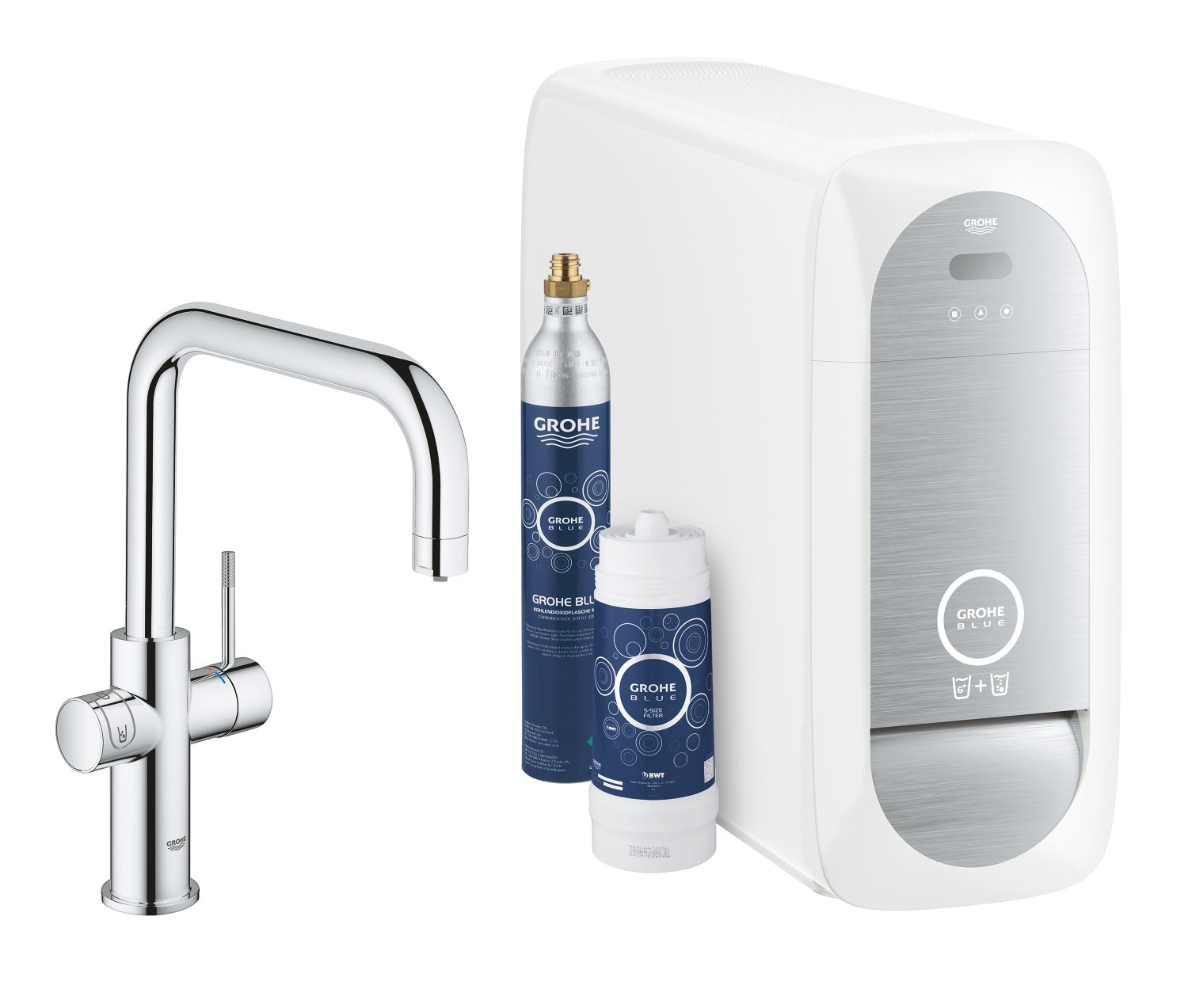 GROHE Blue Home- Starter Kit (U- Auslauf, 3 gefilterte und gekühlte Wasserarten, für GROHE Blue Filter S-Size, Filterkopf mit flexibler Wasserhärteeinstellung), chrom, 31456001