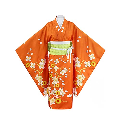 THEGIS Hiyoko Saionji Cosplay Kostüm Damen Japanisches Kimono Kleid Halloween Party Outfits Set,Orange-XXL