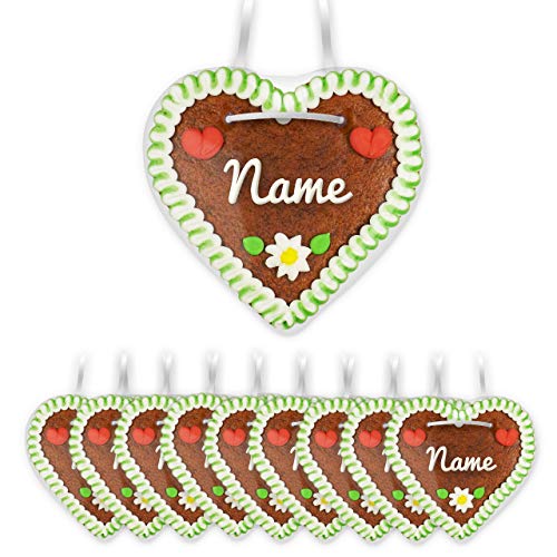 Tischkarten aus individuell beschrifteten Lebkuchenherzen - 10 Stück - online mit Namen bestellen - Farbe: grün-weiß - ideal als Tischkarte für die Hochzeit