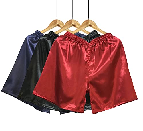 Wantschun Herren Satin Silk Schlafanzughose Nachtwäsche Boxershorts Kurz Pyjama Bottom Shorts Locker Unterhosen Unterwäsche Blau+Schwarz+Rot EU L